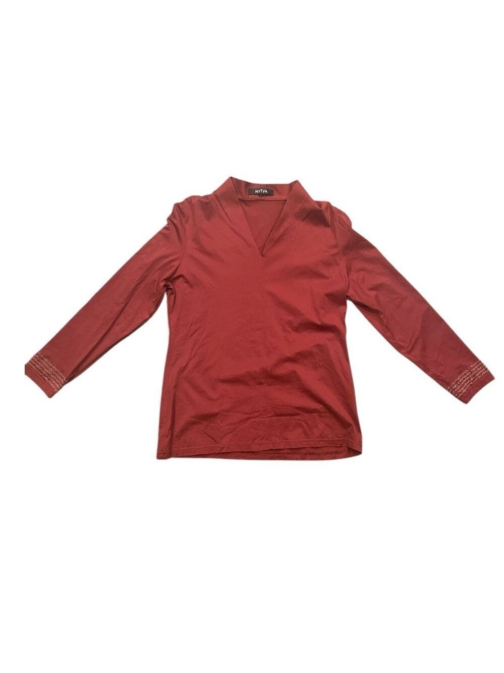 NITYA SZ 44 (US 14) Burgundy long sleeves V neck shirt embroidered cuffs